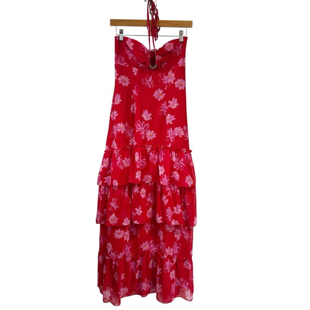 WAYF Floral Print Halter Neck Tiered Ruffle Floral Maxi‎ Dress Red Size XS
